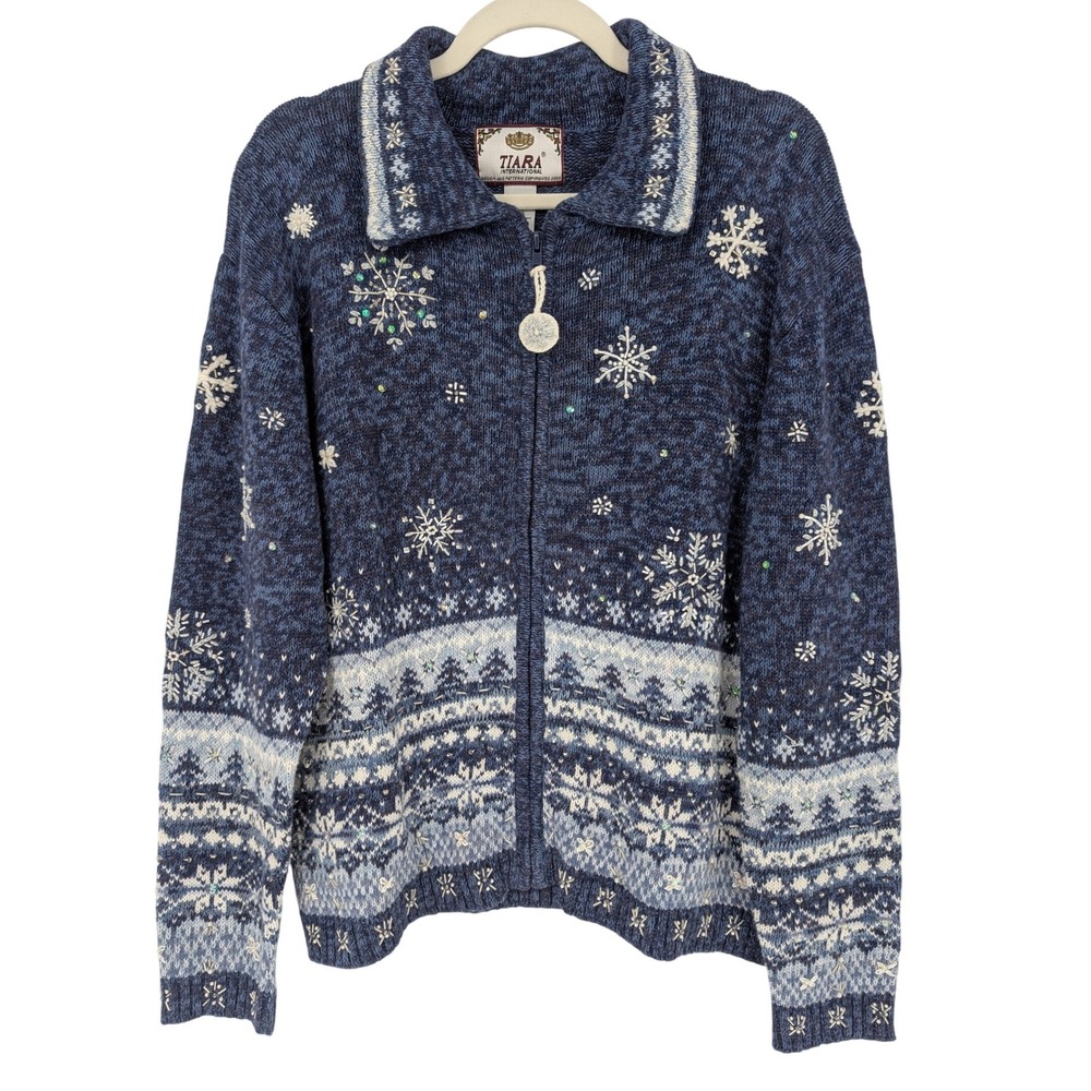 VTG Tiara Snowflake Cardigan Sweater L Blue Beaded Fair Isle Nordic Kitsch Ski